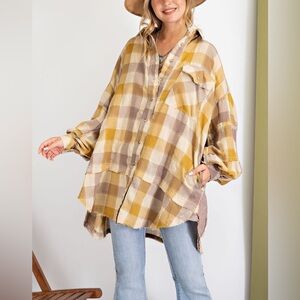 KHAKI PLAID YARN DYE OVERSIZED SHIRT DRESS boho hippie festival size large